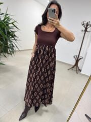 Ms 243 Kare Yaka Kahve Desenli Kısa Kol Elbise