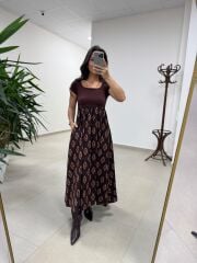 Ms 243 Kare Yaka Kahve Desenli Kısa Kol Elbise