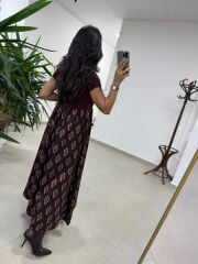 Ms 243 Kare Yaka Kahve Desenli Kısa Kol Elbise