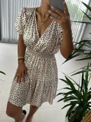 Orj. Bej Puantiyeli Saten Elbise