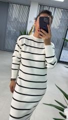 Beyaz Çizgili Bisiklet Yaka Triko elbise