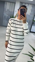 Beyaz Çizgili Bisiklet Yaka Triko elbise