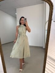 Ms 92 Mint-Beyaz Puantiyeli Boyun Bağlamalı Kuşaklı Midi Elbise