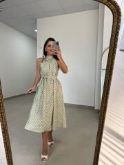 Ms 92 Mint-Beyaz Puantiyeli Boyun Bağlamalı Kuşaklı Midi Elbise