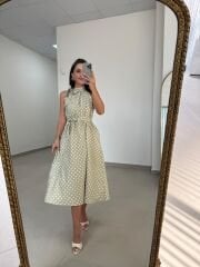 Ms 92 Mint-Beyaz Puantiyeli Boyun Bağlamalı Kuşaklı Midi Elbise