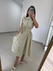 Ms 92 Mint-Beyaz Puantiyeli Boyun Bağlamalı Kuşaklı Midi Elbise
