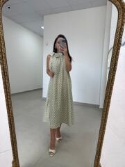 Ms 92 Mint-Beyaz Puantiyeli Boyun Bağlamalı Kuşaklı Midi Elbise