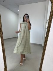 Ms 92 Mint-Beyaz Puantiyeli Boyun Bağlamalı Kuşaklı Midi Elbise