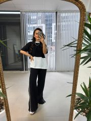 Ms Yan Şeritli Crep Siyah Takım