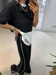 Ms Yan Şeritli Crep Siyah Takım