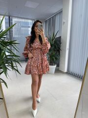 Cr 1537 Mavi Çiçekli V Yaka Elbise