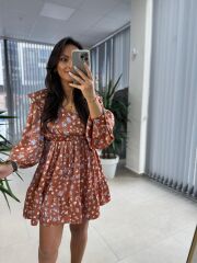 Cr 1537 Mavi Çiçekli V Yaka Elbise