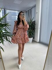 Cr 1537 Mavi Çiçekli V Yaka Elbise