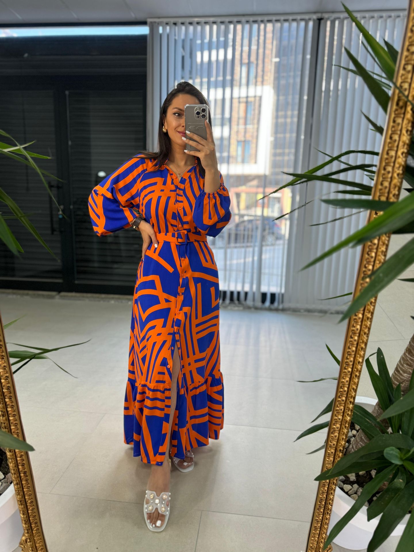 My 3388 Turuncu Saks Kemerli Elbise