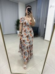 V dekolteli kahve laleli elbise