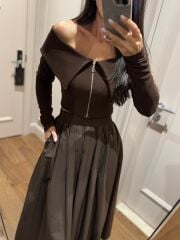 Mz 22198 A.Kahve Madonna Yaka Fitilli Crop