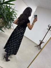 Ms 243 Kare Yaka Siyah Desenli Kısa Kol Elbise