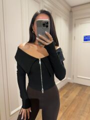 Mz 22198 Siyah Madonna Yaka Fitilli Crop