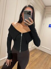 Mz 22198 Siyah Madonna Yaka Fitilli Crop