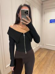 Mz 22198 Siyah Madonna Yaka Fitilli Crop