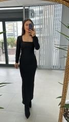 Mz Kare Yaka Siyah Kalem Elbise