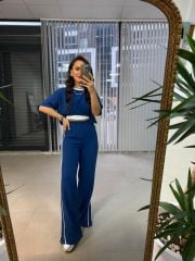 Ms Yan Şeritli Crep İndigo Takım
