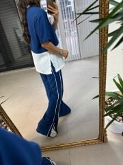 Ms Yan Şeritli Crep İndigo Takım