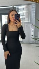 Mz Kare Yaka Siyah Kalem Elbise