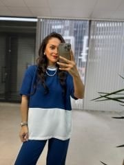 Ms Yan Şeritli Crep İndigo Takım