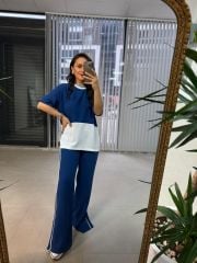 Ms Yan Şeritli Crep İndigo Takım