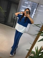 Ms Yan Şeritli Crep İndigo Takım
