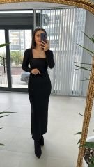 Mz Kare Yaka Siyah Kalem Elbise