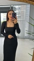 Mz Kare Yaka Siyah Kalem Elbise