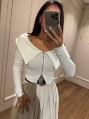 Mz 22198 Beyaz Madonna Yaka Fitilli Crop