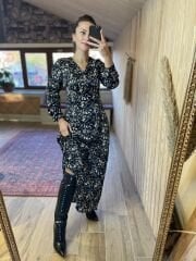 Maksi boy siyah çiçekli saten elbise