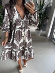 Bb 30195 Bohem Kahve Floş Keten Elbise