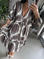 Bb 30195 Bohem Kahve Floş Keten Elbise