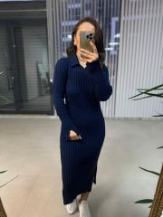 Polo Yaka Çift Yırtmaçlı Laci Triko Elbise