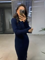 Polo Yaka Çift Yırtmaçlı Laci Triko Elbise
