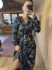 Maksi boy siyah çiçekli saten elbise