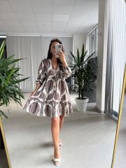 Bb 30195 Bohem Kahve Floş Keten Elbise