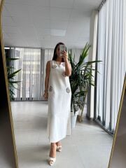 Ms Taş Boncuk Detaylı Pamuk Keten Elbise