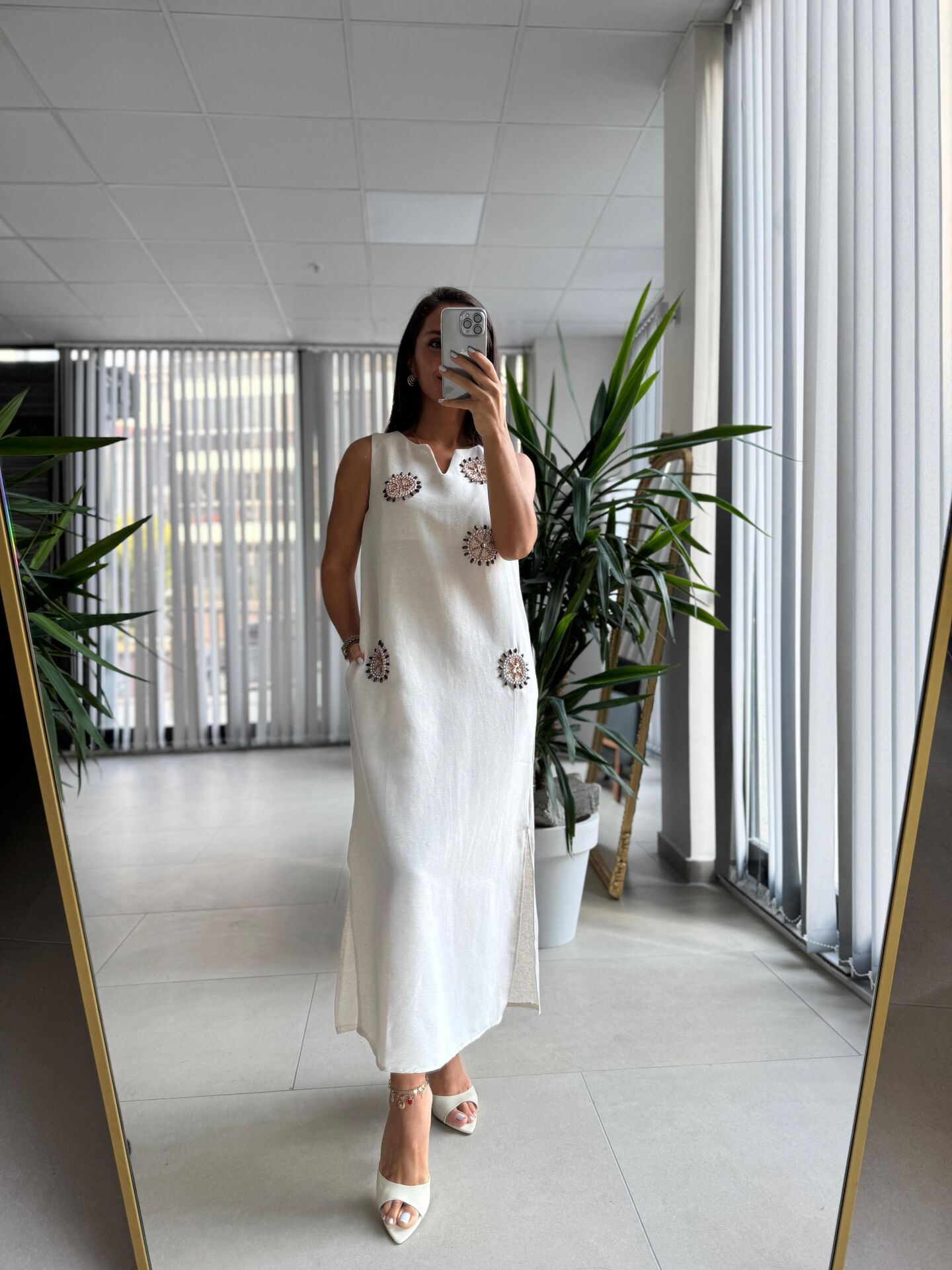 Ms Taş Boncuk Detaylı Pamuk Keten Elbise