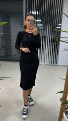 Ms Siyah Yırtmaçlı Yumoş Elbise