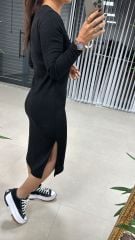 Ms Siyah Yırtmaçlı Yumoş Elbise