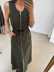 Nx 2835 Bel Bağlama Detaylı Fermuarlı Haki Elbise