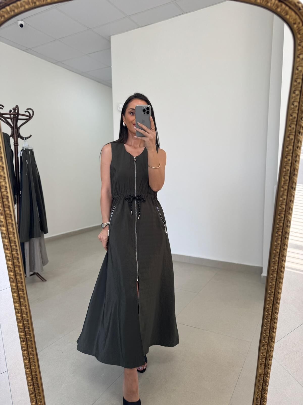 Nx 2835 Bel Bağlama Detaylı Fermuarlı Haki Elbise