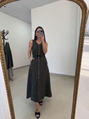 Nx 2835 Bel Bağlama Detaylı Fermuarlı Haki Elbise