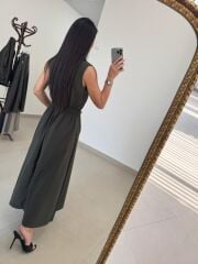 Nx 2835 Bel Bağlama Detaylı Fermuarlı Haki Elbise