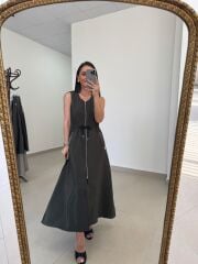 Nx 2835 Bel Bağlama Detaylı Fermuarlı Haki Elbise